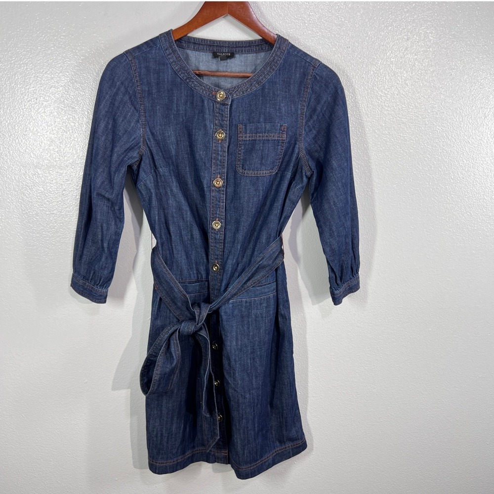 Talbots Petite Denim Shirt Dress Tie Belt 3/4 Sleeve 100% Cotton Button Front P - Picture 2 of 9